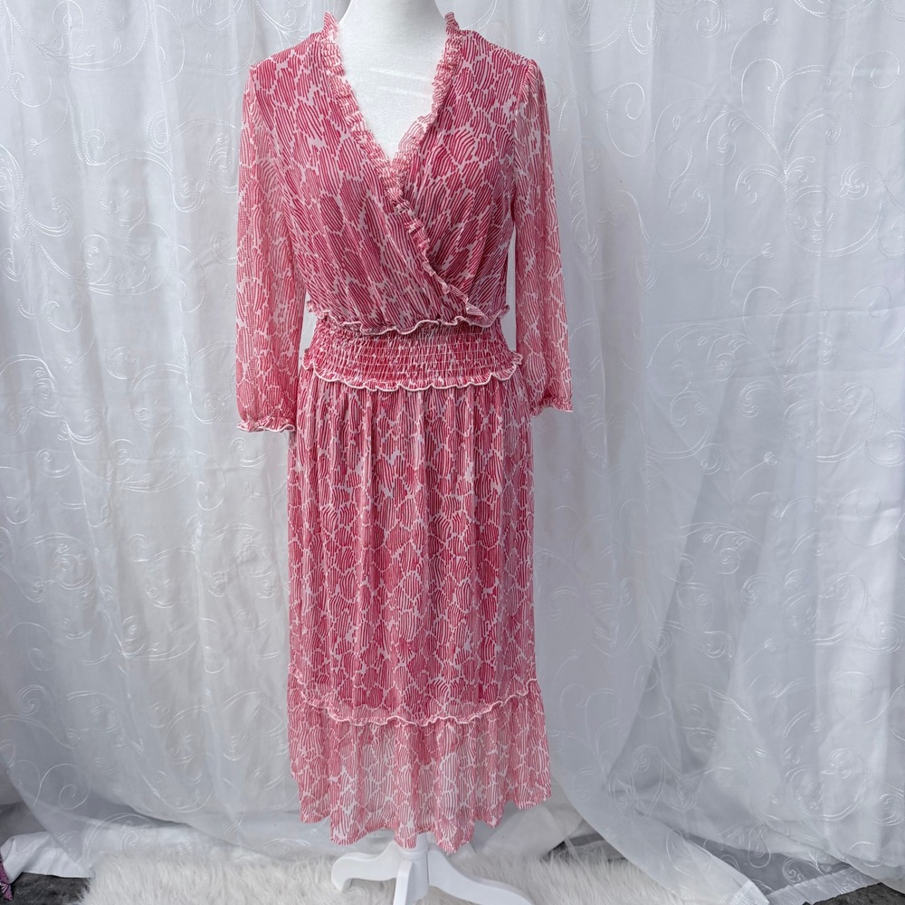 Kate and Lily Boho Pink White Abstract Print Smocked Waist Mesh Midi Dress 6
